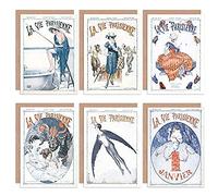 Artery8 La Vie Parisienne French Woman Bird Butterfly Fishing Greeting Cards With Envelopes Pack of 6