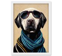 Artery8 Labrador Dog With Aviator Sunglasses & Blue Scarf Artwork Framed Wall Art Print A4 in White Artery8 White