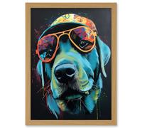 Artery8 Labrador Retriever with Sunglasses and Hat Artwork Framed Wall Art Print A4