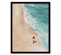 Artery8 Lady In Hat Beach Walk Oil Painting Calm Summer Wall Art Print - A4 Size