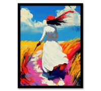 Artery8 Lady Walking Through Windy Wheat Field Landscape Framed Art Print in Blue | Size: A4 Artery8 Blue A4