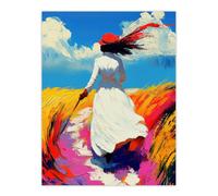 Artery8 Lady Walking Through Windy Wheat Field Landscape Wall Art Print in Blue | Size: W12" x H16" Artery8 Blue W12" x H16"