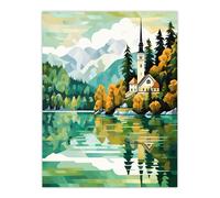 Artery8 Lake Bled Artwork Orange Green 17th Century Church On Slovenia Island Reflecting On Turquoise Water Unframed Wall Art Print Poster Home Decor Artery8 Multicolor W12" x H16"
