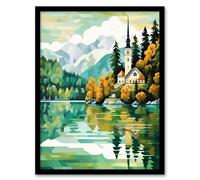Artery8 Lake Bled Artwork Orange Green 17th Century Church On Slovenia Island Reflecting On Turquoise Water Art Print Framed Poster Wall Decor Artery8 Black W12" x H16"