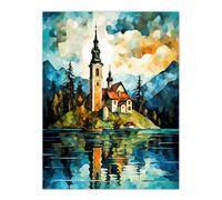 Lake Bled Vibrant Artwork 17th Century Church On Slovenia Island Reflecting On Turquoise Water Extra Large XL Unframed Wall Art Poster Print Artery8 Multi W24 inch x H32 inch