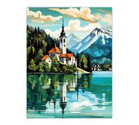 Lake Bled Vibrant Artwork Slovenia Island With 17th Century Church Reflecting On Turquoise Waters Extra Large XL Unframed Wall Art Poster Print Artery8 Multi W24 inch x H32 inch