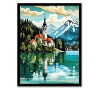 Lake Bled Vibrant Artwork Slovenia Island With 17th Century Church Reflecting On Turquoise Waters Art Print Framed Poster Wall Decor Artery8 Black A4