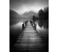 Artery8 Lake Pier Mountain Landscape Black and White Photo Large XL Wall Art Canvas Print