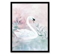 Artery8 Lake Swan Pink Green Light Watercolour Painting Framed Art Print | Size: W12" x H16" Artery8 Green W12" x H16"