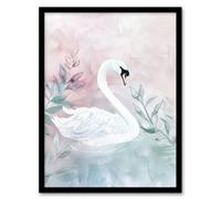 Artery8 Lake Swan Pink Green Light Watercolour Painting Wall Art Print - A4 Size