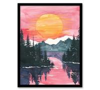 Lake Tahoe Forest Winter Sun Sunset Watercolour Framed Art Print Artery8 Pink A4