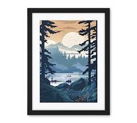 Artery8 Lake View in Rainforest Landscape Illustration Artwork Framed Wall Art Print 18X24 Inch