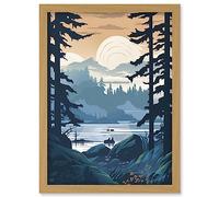 Artery8 Lake View in Rainforest Landscape Illustration Artwork Framed Wall Art Print A4