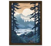 Artery8 Lake View in Rainforest Landscape Illustration Artwork Framed Wall Art Print A4 in Brown Artery8 Brown