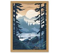 Artery8 Lake View in Rainforest Landscape Illustration Artwork Framed Wall Art Print A4
