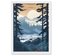 Artery8 Lake View in Rainforest Landscape Illustration Artwork Framed Wall Art Print A4