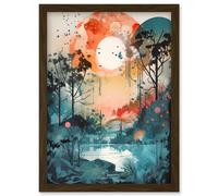 Artery8 Lakeside Forest Landscape Peaceful Sunrise Morning Modern Watercolour Painting Artwork Framed Wall Art Print A4