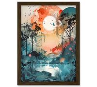 Artery8 Lakeside Forest Landscape Peaceful Sunrise Morning Modern Watercolour Painting Artwork Framed A3 Wall Art Print