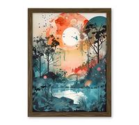 Artery8 Lakeside Forest Landscape Peaceful Sunrise Morning Modern Watercolour Painting Artwork Framed Wall Art Print 18X24 Inch