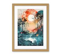 Artery8 Lakeside Forest Landscape Peaceful Sunrise Morning Modern Watercolour Painting Artwork Framed Wall Art Print 18X24 Inch
