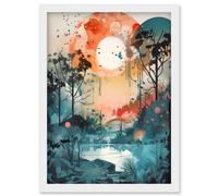 Artery8 Lakeside Forest Landscape Peaceful Sunrise Morning Modern Watercolour Painting Artwork Framed Wall Art Print A4 in White Artery8 White