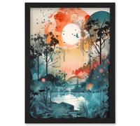 Artery8 Lakeside Forest Landscape Peaceful Sunrise Morning Modern Watercolour Painting Artwork Framed Wall Art Print A4 in Black Artery8 Black