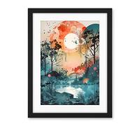 Artery8 Lakeside Forest Landscape Peaceful Sunrise Morning Modern Watercolour Painting Artwork Framed Wall Art Print 18X24 Inch