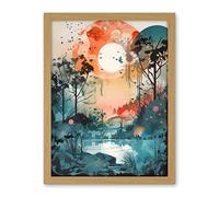 Artery8 Lakeside Forest Landscape Peaceful Sunrise Morning Modern Watercolour Painting Artwork Framed Wall Art Print 18X24 Inch