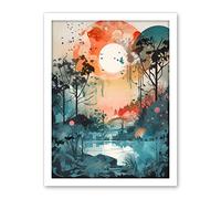 Artery8 Lakeside Forest Landscape Peaceful Sunrise Morning Modern Watercolour Painting Artwork Framed Wall Art Print 18X24 Inch
