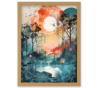 Artery8 Lakeside Forest Landscape Peaceful Sunrise Morning Modern Watercolour Painting Artwork Framed Wall Art Print A4 in Light Oak Artery8 Light Oak