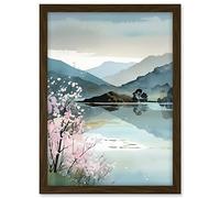 Artery8 Lakeside Landscape with Cherry Blossom Tree Modern Watercolour Painting Artwork Framed A3 Wall Art Print