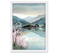 Artery8 Lakeside Landscape with Cherry Blossom Tree Modern Watercolour Painting Artwork Framed A3 Wall Art Print
