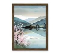Artery8 Lakeside Landscape with Cherry Blossom Tree Modern Watercolour Painting Artwork Framed Wall Art Print 18X24 Inch