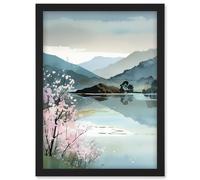 Artery8 Lakeside Landscape with Cherry Blossom Tree Modern Watercolour Painting Artwork Framed Wall Art Print A4 in Black Artery8 Black