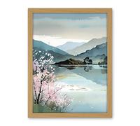 Artery8 Lakeside Landscape with Cherry Blossom Tree Modern Watercolour Painting Artwork Framed Wall Art Print 18X24 Inch