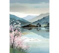 Artery8 Lakeside Landscape with Cherry Blossom Tree Modern Watercolour Painting Extra Large XL Wall Art Poster Print