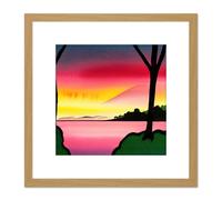 Artery8 Lakeside Sunset Lake Landscape Black Ink & Watercolour Illustration Square Wooden Framed Wall Art Print Picture 8X8 Inch in Light Oak Artery8 Light Oak
