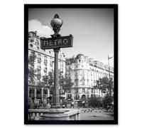 Artery8 Landmark Retro Metro Sign Paris France Black White Framed Art Print in Grey | Size: W12" x H16" Artery8 Grey W12" x H16"