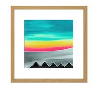 Artery8 Landscape Dream Northern Lights Sky Mountains Abstract Pastel Watercolour Painting Square Wooden Framed Wall Art Print Picture 8X8 Inch Artery8 Light Oak