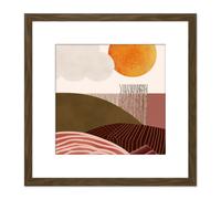 Artery8 Landscape Fields Sun Abstract Boho Pastel Ochre Warm Earthy Painting Illustration Square Wooden Framed Wall Art Print Picture 8X8 Inch Artery8 Brown