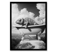 Artery8 Large Chameleon in Bathtub Black White Surreal Framed Art Print in Grey | Size: W12" x H16" Artery8 Grey W12" x H16"