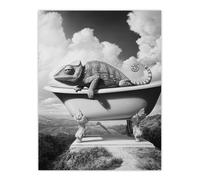 Artery8 Large Chameleon in Bathtub Black White Surreal Wall Art Print in Grey | Size: W12" x H16" Artery8 Grey W12" x H16"