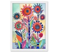 Artery8 Large Flower Blooms With Embroidery Style Patterns Folk Art Watercolour Painting Artwork Framed A3 Wall Art Print