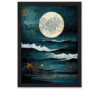Artery8 Large Full Moon Seascape Golden Algae Wave Foam Artwork Framed A3 Wall Art Print