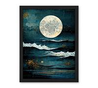 Artery8 Large Full Moon Seascape Golden Algae Wave Foam Artwork Framed Wall Art Print 18X24 Inch