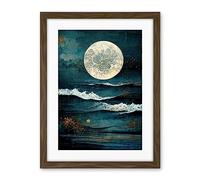 Artery8 Large Full Moon Seascape Golden Algae Wave Foam Artwork Framed Wall Art Print 18X24 Inch
