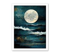 Artery8 Large Full Moon Seascape Golden Algae Wave Foam Artwork Framed Wall Art Print 18X24 Inch
