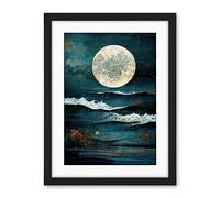 Artery8 Large Full Moon Seascape Golden Algae Wave Foam Artwork Framed Wall Art Print 18X24 Inch