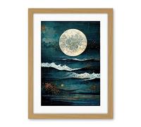 Artery8 Large Full Moon Seascape Golden Algae Wave Foam Artwork Framed Wall Art Print 18X24 Inch