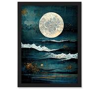Artery8 Large Full Moon Seascape Golden Algae Wave Foam Artwork Framed Wall Art Print A4